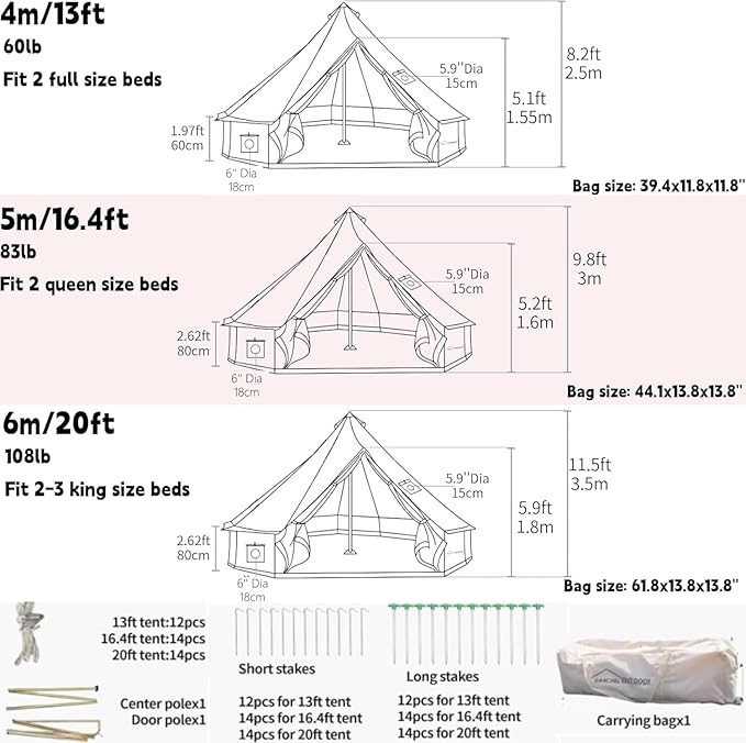 DANCHEL OUTDOOR 4 Season Canvas Yurt Tent with Large Wood Stove Heavy Duty Bell Tent with Stove Jack 4-8 Person Winter Camping Glamping 13ft/16.4ft/20ft