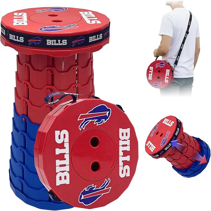 Sporticulture NFL Buffalo Bills Telescoping Collapsible Stool 500lbs Max Weight Portable Adjustable Height Folding Camping Stool with Carry Strap Retractable Stadium Have A Seat Outdoor Sports Fan