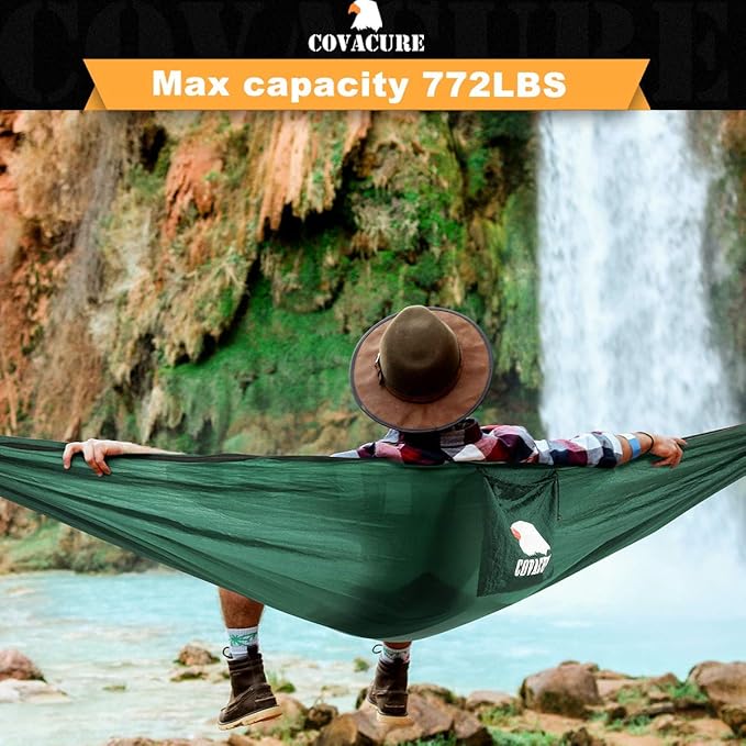 Covacure Camping Hammock - Lightweight Double Hammock Hold Up to 772lbs Portable Hammocks for Indoor Outdoor Hiking Camping Backpacking Travel Backyard Beach（Dark Green）