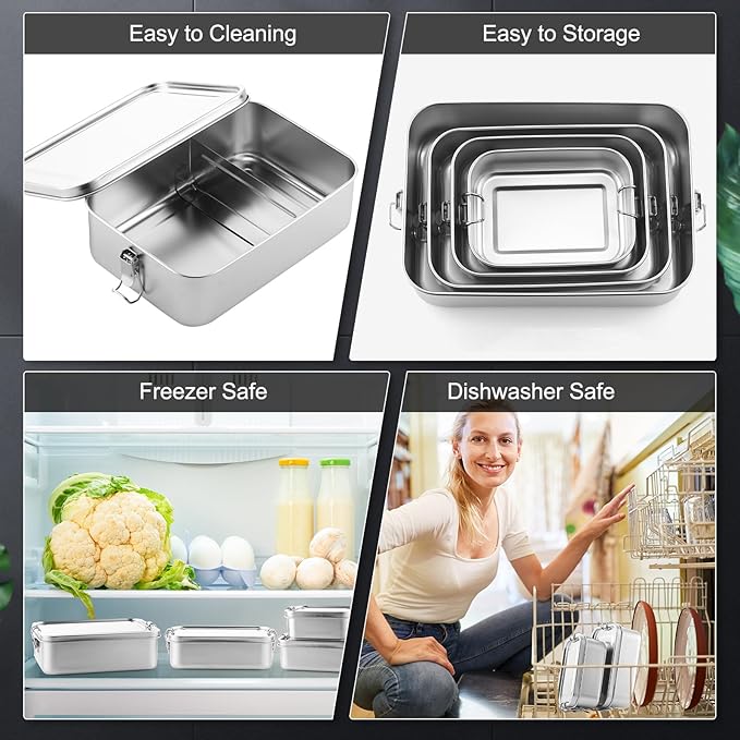 Umigy 3 Pcs Stainless Steel Food Containers 1200/1400/2400ml Metal Bento Lunch Box Stainless Steel Food Storage Containers Lockable Clips to Leak Proof Reusable Dishwasher Snack Boxes for Work