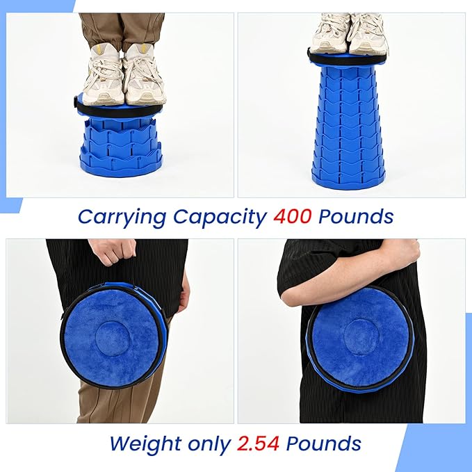2 Pack Upgraded Collapsible Stools Folding Stool with CushionRetractable Folding Stool Max Load Capacity 400lbs Portable Telescoping Stools for Camping Hiking Outdoor BBQ Fishing-Dark Blue