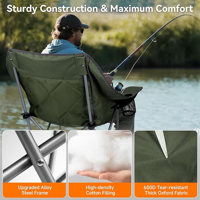 Heated Oversized Camping Chair for Adults Portable Folding Padded Chair with 3 Heat Levels Cup Holder Side Pocket and Carry Bag for Camping Outdoor Sports Picnic Lawn Supports up to 450lbs