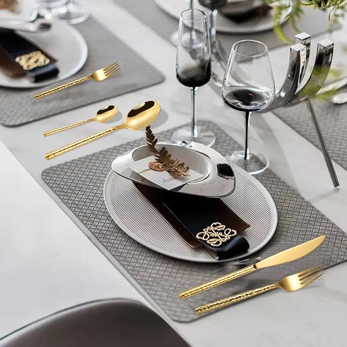 50-Piece Gold Hammered Silverware Flatware Cutlery Set Service for 10304 Thickened Stainless Steel Cutlery KnifeFork and Spoon SetDishwasher SafeGift Package for Wedding Housewarming