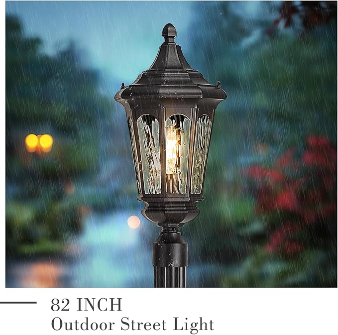 Emliviar 82 Inch Outdoor Post Light Hard Wired Exterior Water Ripple Glass Street Light Fixture for Garden in Black Finish E26 Base 100W Max XE304PL BK-SW