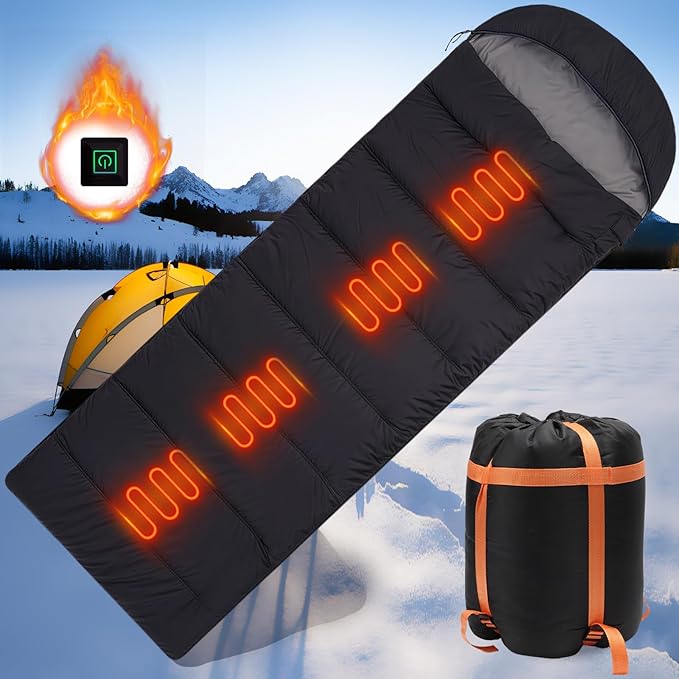 Heated Sleeping Bags for Adults Compact Waterproof 3 Gear Temperature Sleeping Bag Camping Essentials USB Rechargeable Heating Pads 4 Heating Areas for Backpacking Hiking