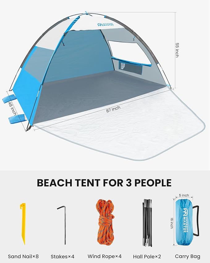 OutdoorMaster Beach Tent Sun Shelter with 2 Ventilated Doors UPF50+ Easy Setup Beach Tent Canopy for 3 Person Lightweight &amp Portable Family Beach Umbrellas for Sand with Carrying Bag -Ocracoke C