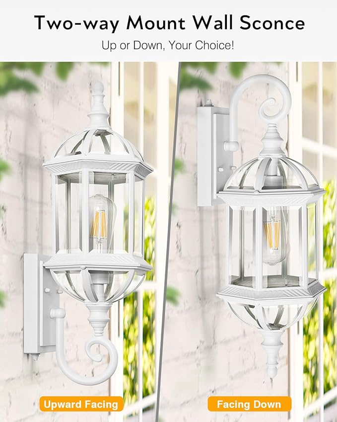VIANIS Dusk to Dawn Porch Lights Outdoor Classic White Outdoor Wall Lights Anti-Rust Outside Lights for House with Tempered Beveled Glass Waterproof Exterior Lighting Fixtures for House Entryway