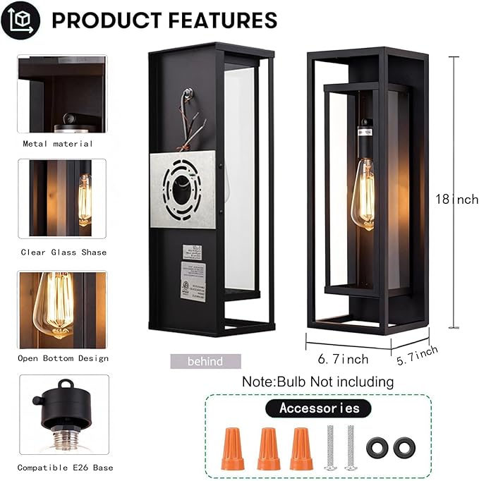 18inch Outdoor Wall Light FixturesExterior Waterproof LanternsPorch Sconces Wall Mounted Lighting with E26 Sockets &amp Glass ShadesModern Matte Black Wall Lamps for Patio Front Door Entryway (1 P