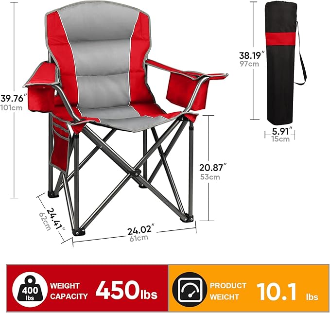 2 Pack Oversized Folding Camping Chairs for Adults Heavy Duty Lawn Chairs with Cup Holder Storage and Cooler Bag 400 LBS Weight Capacity Padded Collapsible Chairs for Outdoor Garden &amp Beach