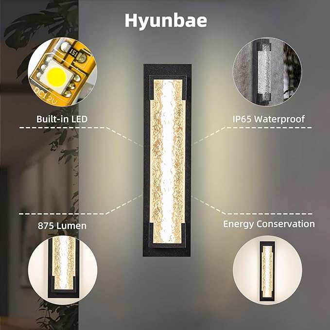 Hyunbae Outdoor Wall Light 18.9 Large LED Modern Outdoor Wall Sconce Waterproof Exterior Lighting Fixture with Acrylic Water Ripple Lamp 2700K Outdoor Porch Lights for House Garage Dimmable