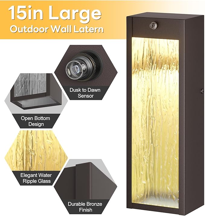 Dusk to Dawn LED Outdoor Wall Light 2 Pack Bronze 15in Exterior Waterproof Porch Sconces Large Modern Water Rippleed Outdoor Lighting Wall Mounted Outside Lantern for Garage Front Door