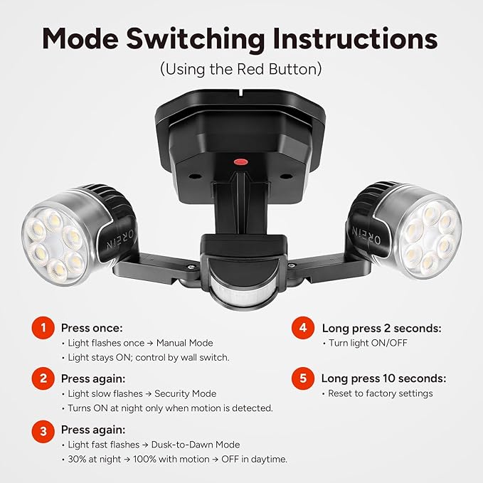 OREiN Motion Sensor Outdoor Security Lights Dual-Head Adjustable LED Flood Lights 3 Modes (Motion/Manual/Dusk to Dawn) 150W Equivalent 5000K IP65 Waterproof Hardwired Black (2 Pack)