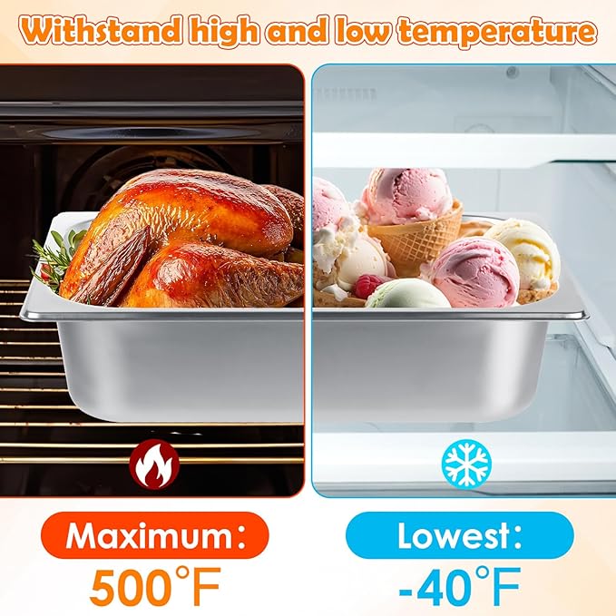 QTLCOHD 4 Pack 1/2 Half Size Hotel Pan with Lids 4 Inch Deep Steam Table Pan with Lid 12.8 x 10.4 Inch Stainless Steel Pans for Home Party Hotel Buffet