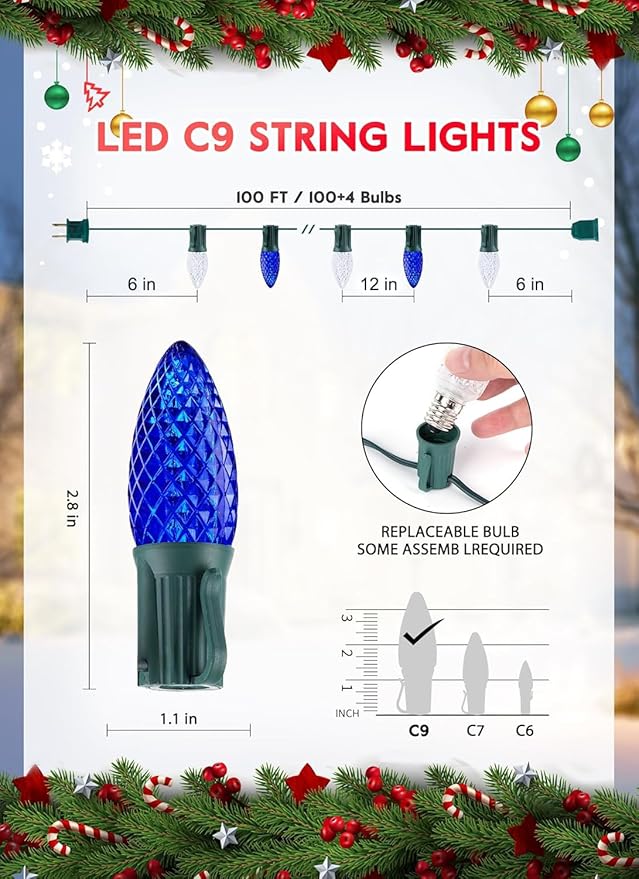 Minetom 100 Feet Led Christmas LightsBlue White C9 Christmas String Lights Outdoor 100 Strawberry Bulbs Connectable UL Certified for Indoor Outdoor Roofline Patio Holiday Party Backyard Xmas Decor