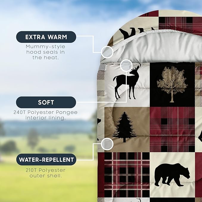 Wake In Cloud - Kids Sleeping Bag for Boys Toddlers Camping in Warm Cold Weather Backpacking Lightweight Compact Outdoor Liner for 3 Seasons Rustic Woodland Critters
