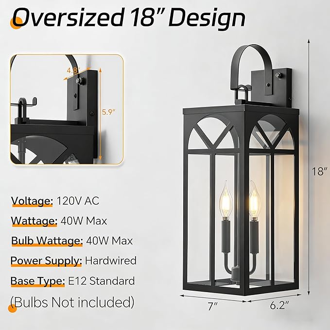 Dusk to Dawn Outdoor Wall Lighting 2 Packs 18 Large Exterior Matte Black Outdoor Sconce Lights Industrial Porch Wall Lantern Waterproof Modern Outdoor Light Lamp Fixture for Patio Entryway