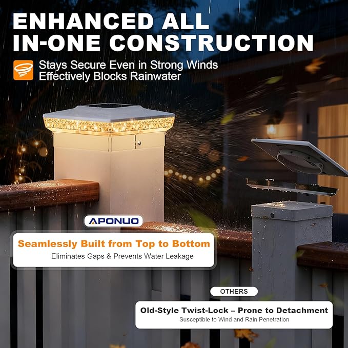 APONUO Solar Post Cap Lights for 4x4 5x5 Wood &ampVinyl Posts 3 Light Modes &amp 800mAh Battery IP65 Waterproof Rugged Unibody Solar Outdoor Lights for Fence Deck &amp Patio (White 12 Pack)