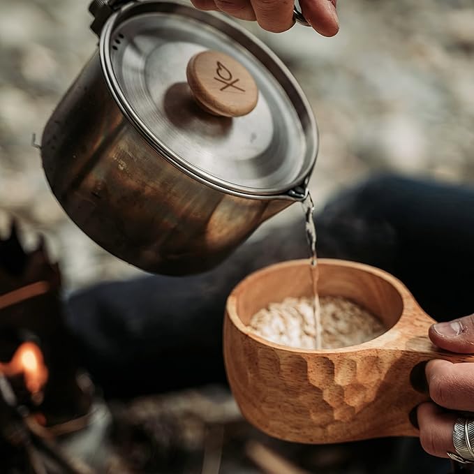 überleben | Kuksa Wooden Cup – Handcarved 8oz Coffee Mug Bowl with Lanyard &amp Carabiner – Lightweight Camping Essentials &amp Traditional Nordic Bushcraft Gear