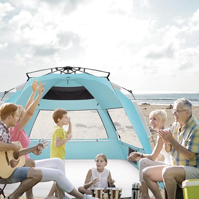 Oileus XX-Large Pop Up Beach Tent Sun Shelter for 5-6 Person Portable Sun Shade Instant Tent for Beach with Carrying Bag Stakes 6 Sand Pockets Anti UV for Fishing Hiking Camping Sky Blue