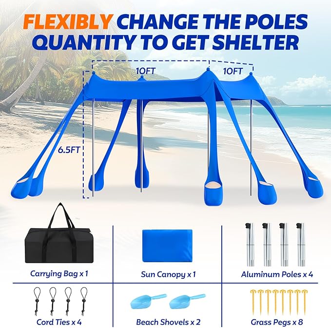 FAHKNS Beach Tent Camping Sun Shade UPF50+ with 8 Sandbags Sand Shovel Ground Spikes and Stabilizer Poles 10x10ft Beach Sunshade Beach Tent for Camping Fishing and Picnicking (Blue)