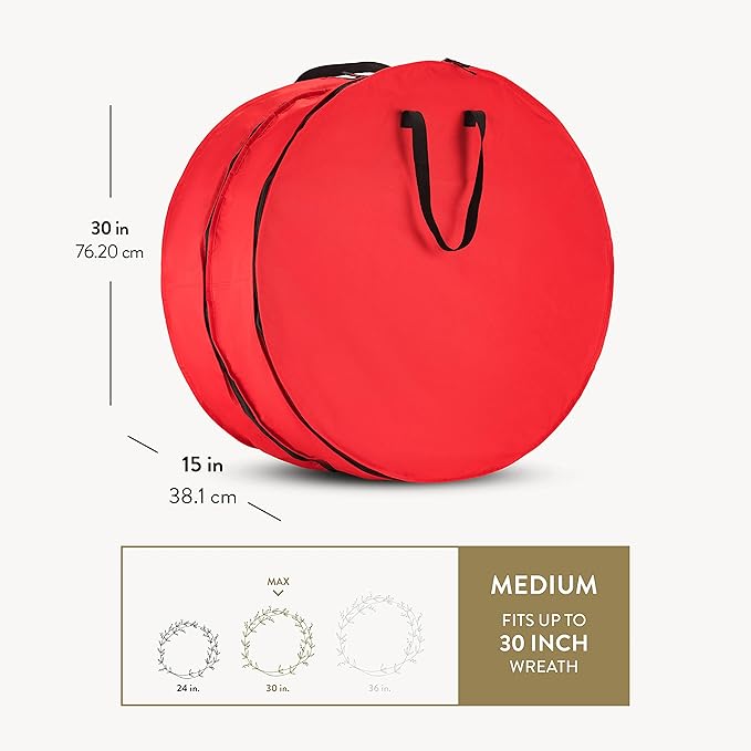 ZOBER Christmas Wreath Storage Container 30 Inch - Wreath Bag Fits 2 Wreaths Box - 600D Oxford Fabric - Interior Compartment for Storing Garlands Wreaths Storage Bag W Strong Durable Handles - Red