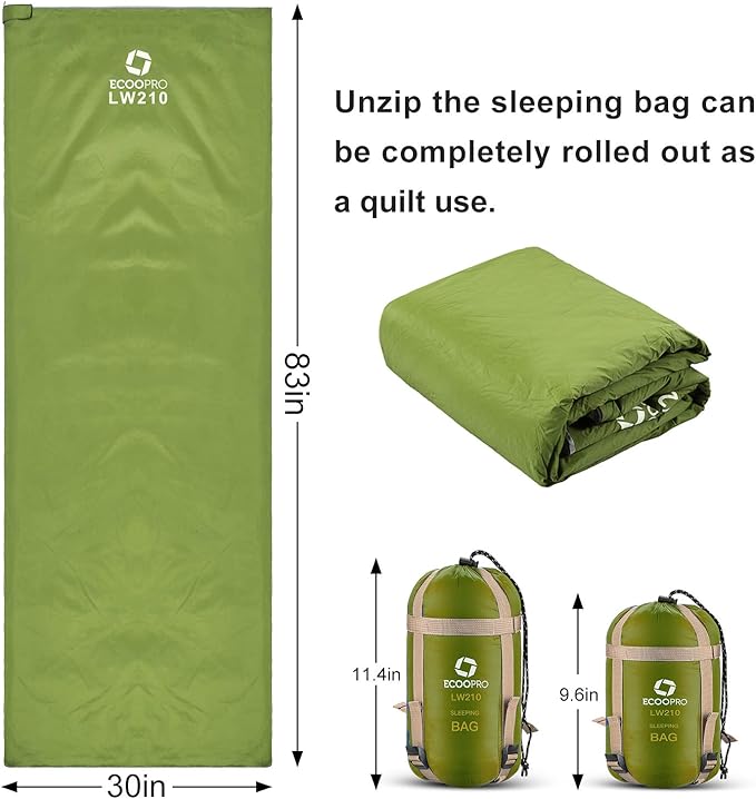 ECOOPRO Warm Weather Sleeping Bag - Portable Waterproof Compact Lightweight Comfort with Compression Sack - Great for Outdoor Camping Backpacking &amp Hiking-83 L x 30 W Fits Adults
