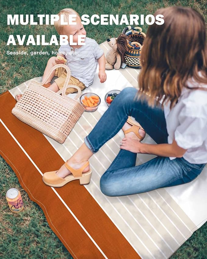 Beach Blanket Waterproof Sandproof Picnic Blanket 83x79 Foldable Beach Mat with Striped Gradient Simple Caramel Pattern for Camping Park Grass Beach Travel