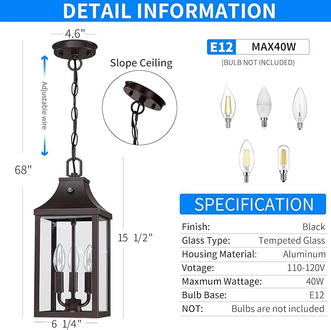 15.5'' Large Outdoor Pendant Light Fixtures 3-Light Dusk to Dawn Exterior Hanging Lantern Porch Light Adjustable Brown Hanging Lamp Farmhouse Exterior Chandelier Ceiling Mount for Entrance Patio