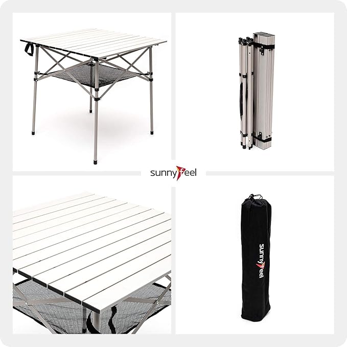 SUNNYFEEL Aluminum Folding Table for Camping Lightweight Roll Up Top Portable Camp Tables with Carry Bag for Outdoor Picnic (Square Gray)