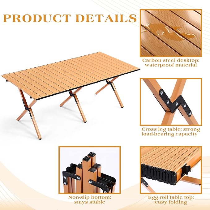 Suzile 2 Pack 4FT Folding Camping Table Roll Up Portable Camp Table with Carry Bag Low Collapsible Lightweight Aluminum Outdoor for Camping Picnic Beach Patio Kitchen(Yellow Wood Color)