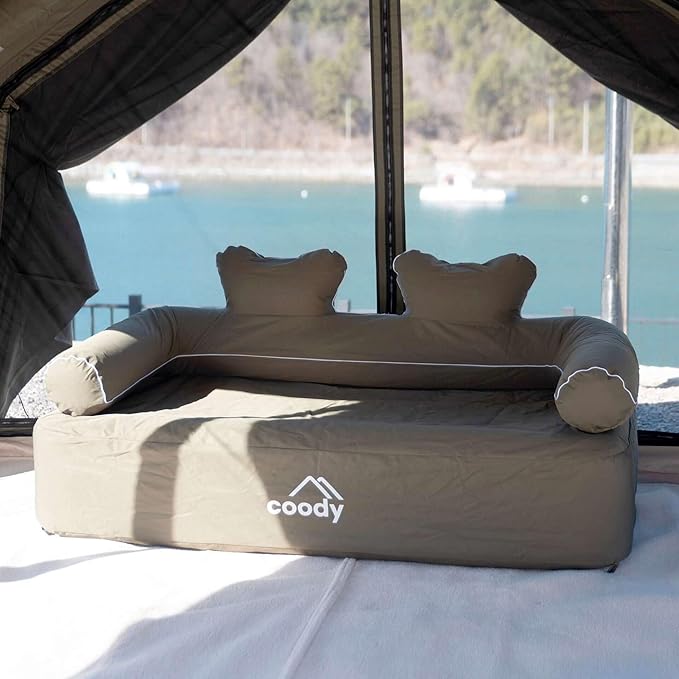 COODY Air Sofa Inflatable Couch for Home &amp Outdoor Blow Up Camping Sofa Built-in Pump Portable Folding Couch Glamping Inflatable Double Chair Movie Loveseat - 61x32x32 (Khaki)