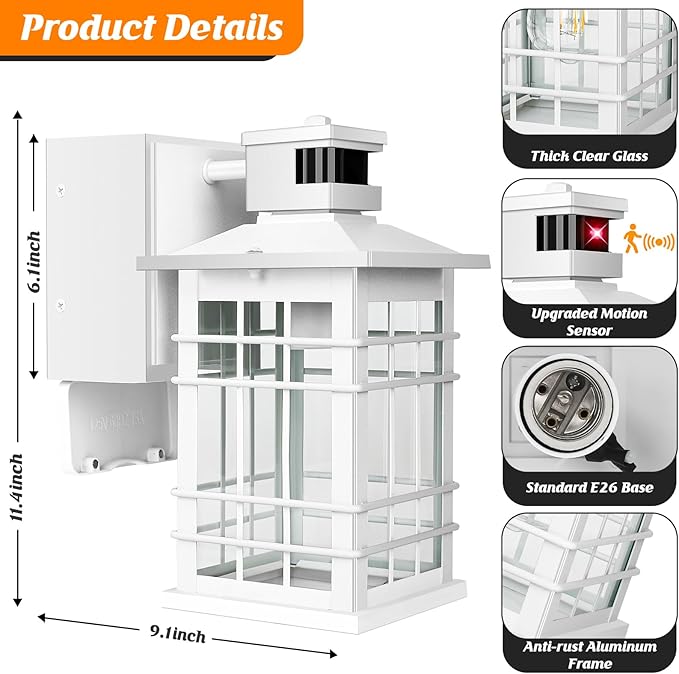 Porch Light with GFCI Outlets Built-in Motion Sensor Dusk to Dawn Outdoor Light Fixture Wall Lantern Aluminum Anti-rust Outside Wall Sconce Front Door White Exterior Wall Light for Patio Garage