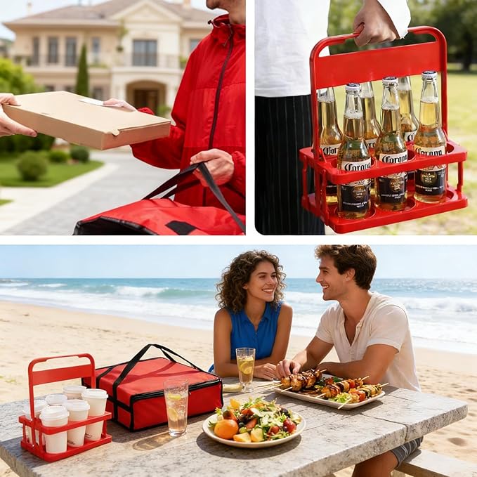 Insulated Pizza Bags for Delivery Doordash (20“x20”x6) &amp 6-Cup Drink Carrier with Handle for DeliveryHot/Cold Insulation for Food