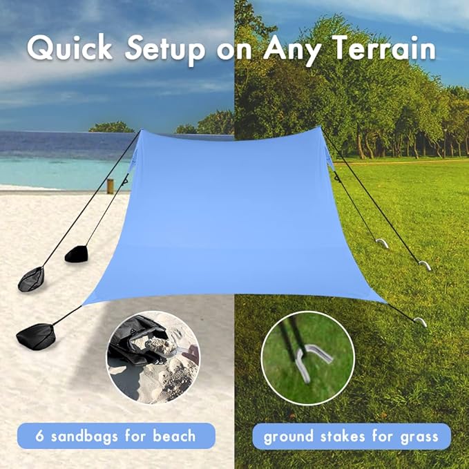Beach Shade Windproof Design Sun Shelter UPF50+ Portable Family Tent with 6 Sandbags Anchors 7x7 FT 2 Pole Pop Up Outdoor Shelter for Beach Camping Fishing Backyard and Picnics