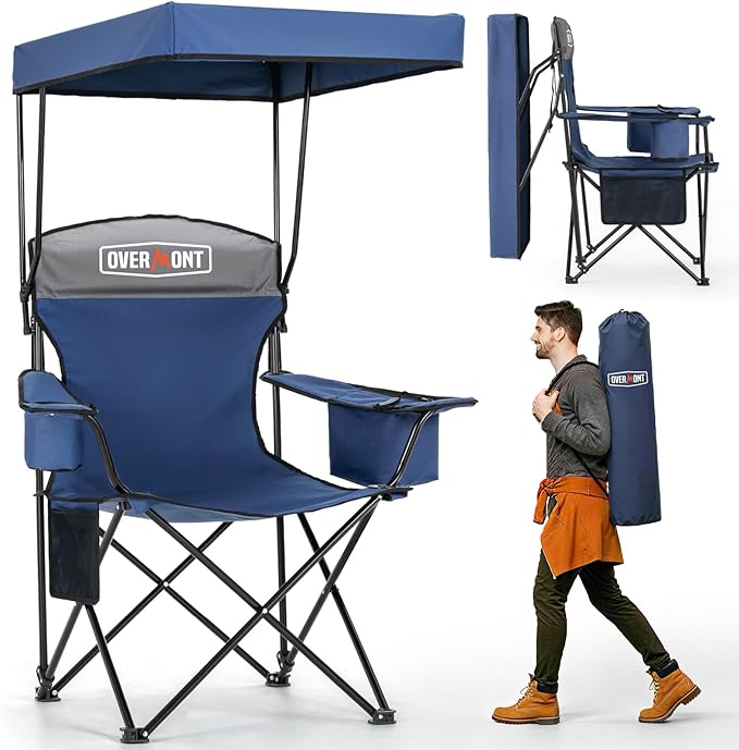 Overmont Camping Chair with Canopy Shade &amp Cooler Bag - Oversized Folding Beach Chair with High Back Support Big Cup Holder - Portable Lawn Chair for Outdoor Travel Sports Fishing - Support 330lbs