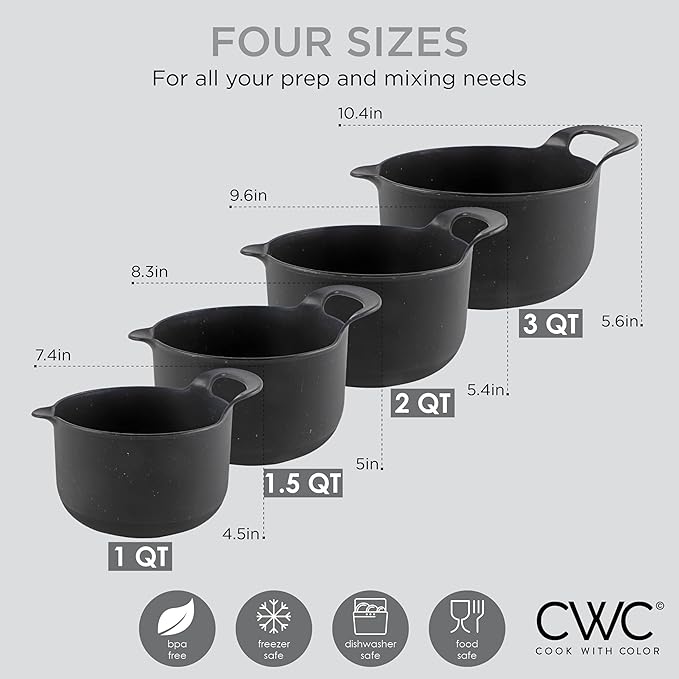 COOK WITH COLOR Nesting Plastic Mixing Bowl Set with Pour Spouts and Handles Black Speckled 4 Piece Non-Slip