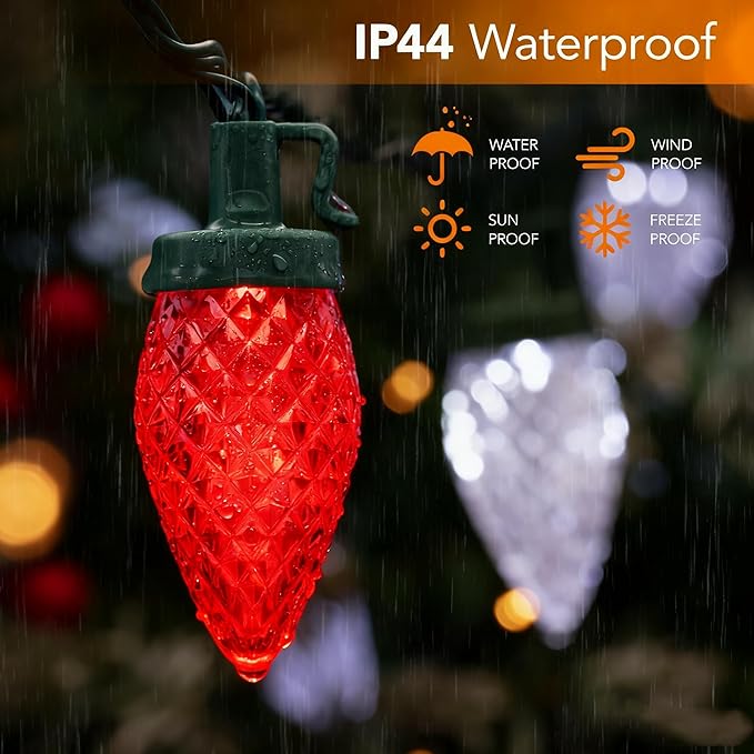 C9 LED Christmas Lights Outdoor33 Feet 50 LED 8 Lighting Modes Waterproof Connectable Christmas String Lights for Outside Roofline Patio Home Xmas Decorations (Red &amp White)
