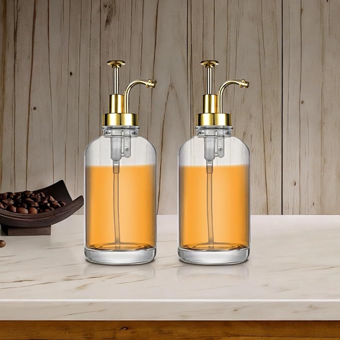 2 Pcs Glass Coffee Syrup Dispenser with Pump 8.66 in Tall 2 Gold Pumps Includes Labels Brush and Funnel Syrup Bottles