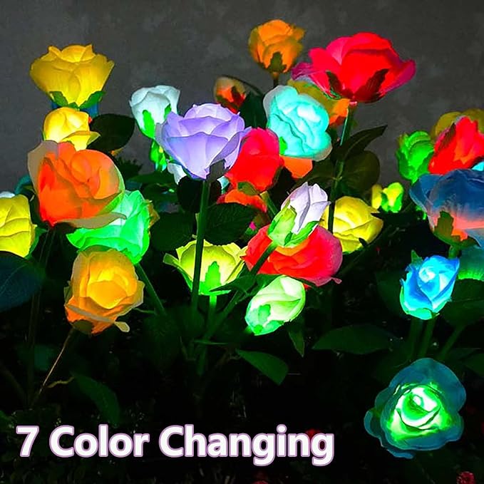 Mothers Day Gifts Solar Garden Decor Outdoor Lights 4 Pack Waterproof Garden Lights for Outside 16 Solar Rose Multi-Color Changing Solar Flower Decor for Yard Patio Gifts for Women (7-Color Rose)
