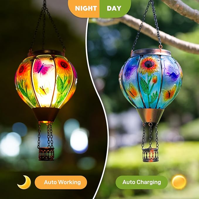 Hot Air Balloon Solar Lantern Butterfly Solars Powered Hot Air Balloon Lantern Outdoor Waterproof Glass Hanging Hots Air Balloons Solar Light for Outdoor Patio Garden Decor