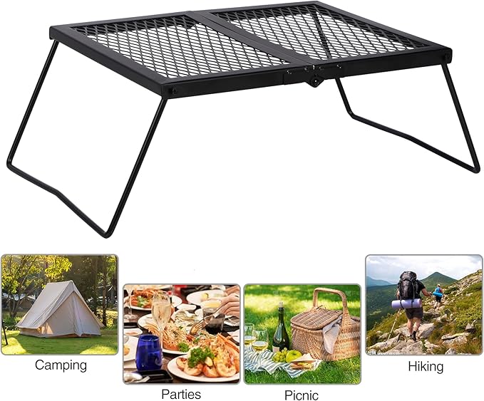 REDCAMP Folding Campfire Grill Heavy Duty Steel Grate Portable Camp Fire Cooking Rack Over Fire Pit with Carrying Bag for Outdoor BBQ Camping