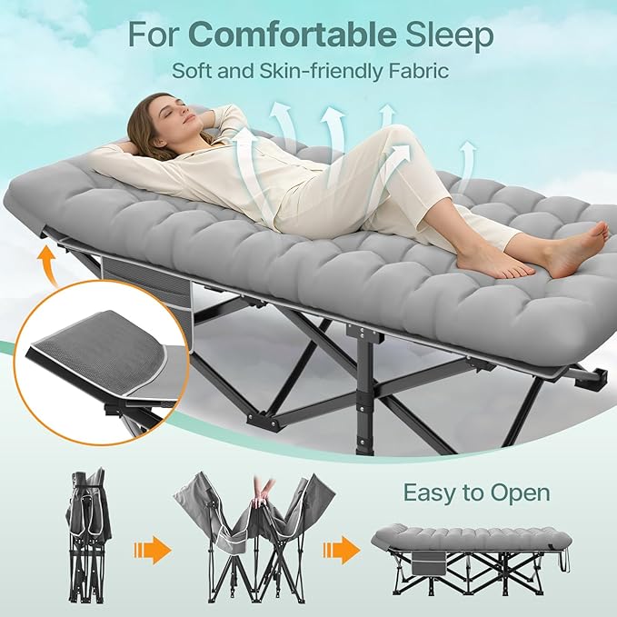 Suteck 32In XXL Folding Camping Cot 900LBS Heavy Duty Sleeping Cot with Pillow Mattress 1200D Double-Layer Oxford Portable Cot for Adults with Carry Bag for Home Office Nap Beach Travel
