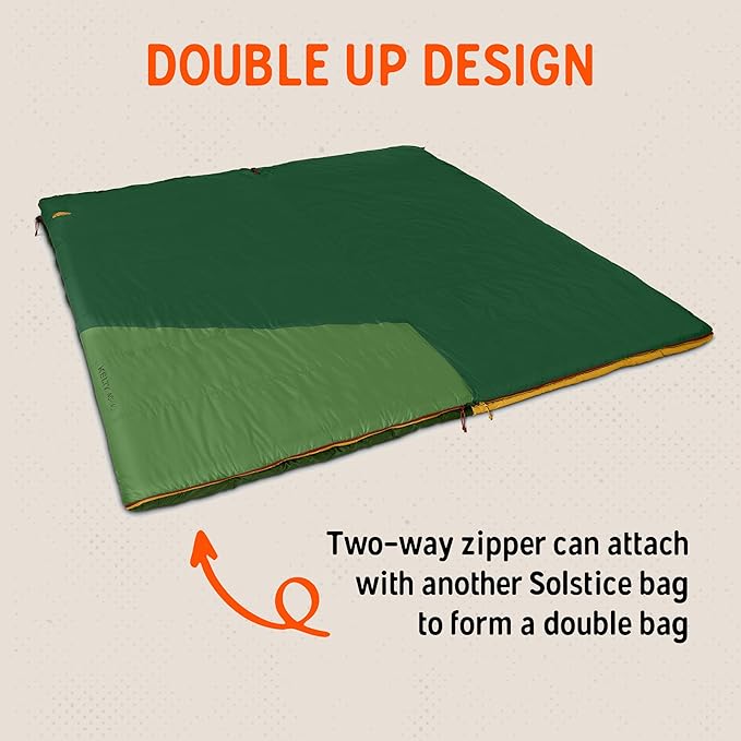 Kelty Solstice 20 Oversized Camping Sleeping Bag Spacious Rectangular Shape Zip Together for 2P Anti-Snag Zips Internal Pocket