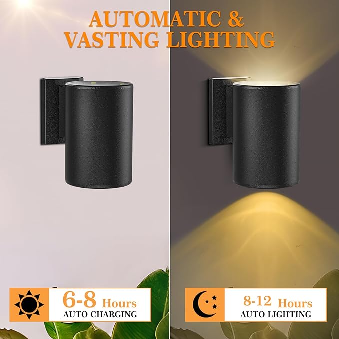 Solar Wall Lights Outdoor 2 Pack Up and Down Lighting Solar Wall Sconce Dusk to Dawn Warm White LED IP65 Waterproof Exterior Decorative Lights for Porch Patio Fence Garage Garden