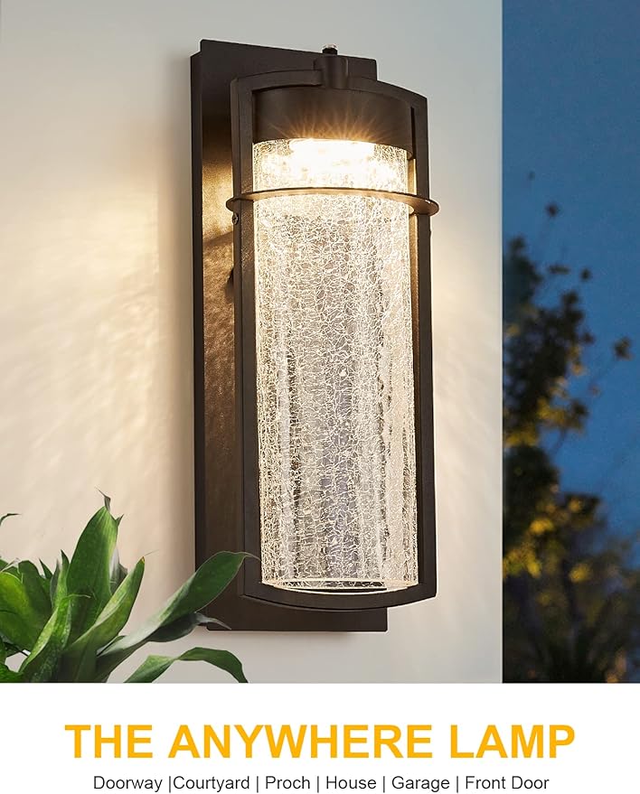 Oil Rubbed Bronze Dusk to Dawn Outdoor Wall Light Fixture LED Porch Light with Crackle Glass 600 Lumen Brown Exterior Light Fixture with Photocell 3000K Outside Lights for House Garage Front Door