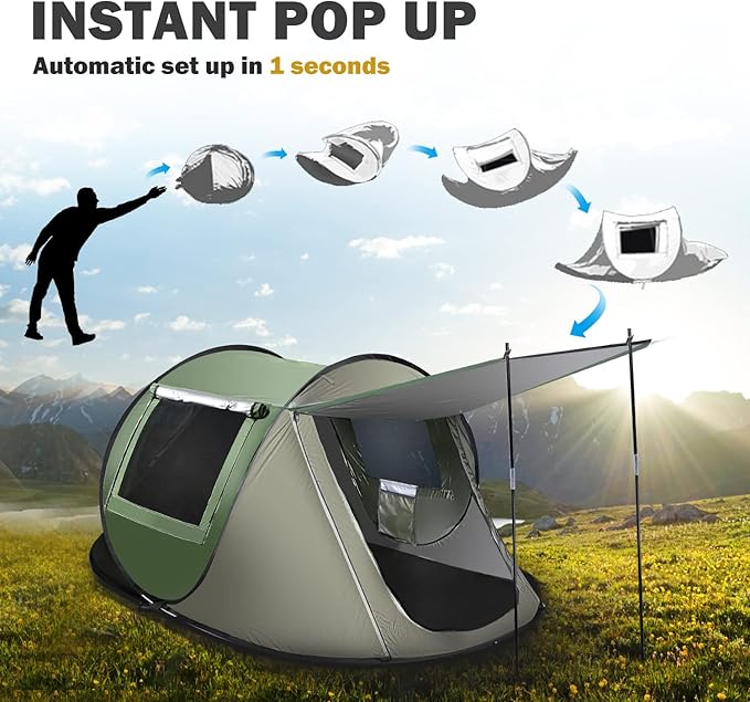 Instant Pop Up Tent Automatic Easy Setup Outdoor Waterproof Windproof Family Tent Upgraded 2 Doors Vestibule Sun Shelter for 2-3 People Outdoor CampingTravellingHiking BeachGreen
