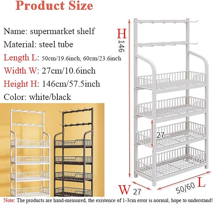 4/5 Tier Retail Display Shelves Metal White Black Supermarket Snacks Candy Storage Stand with Hooks Large Snack Organizer Pantry Kitchen Home Theater MovieWhite4 Tier50x27x146cm