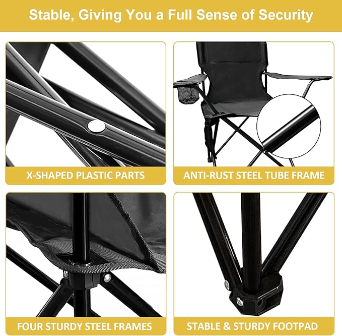Folding Camping Chair with Cup Holder &amp Storage Bag 225lbs Capacity Large Anti-Sink Feet Breathable PE Coated Fabric for Outdoor Hiking Beach Fishing Backpacking Black