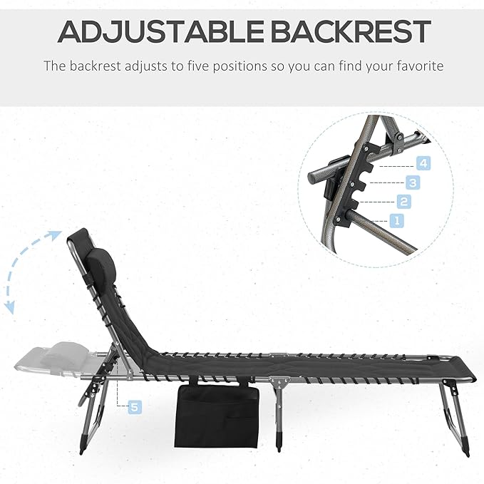 Padded Folding Chaise Lounge Chair Outdoor 6 Level Reclining Camping Tanning Chair with Headrest for Beach Yard Patio Pool Black
