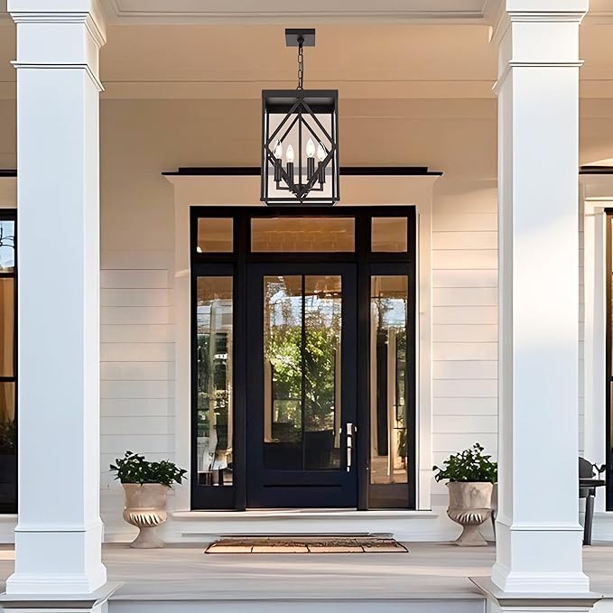 11 Outdoor Pendant Light Exterior Hanging Lantern Farmhouse Oil Rubbed Brozne Outside Chandelier Light Fixture Ceiling Mount Hanging Porch Light with Clear Glass for Front Porch Entrance